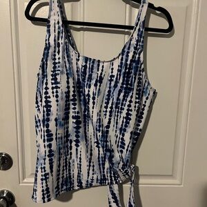 Blue and White Fitted Tie Front Tankini Swim Top